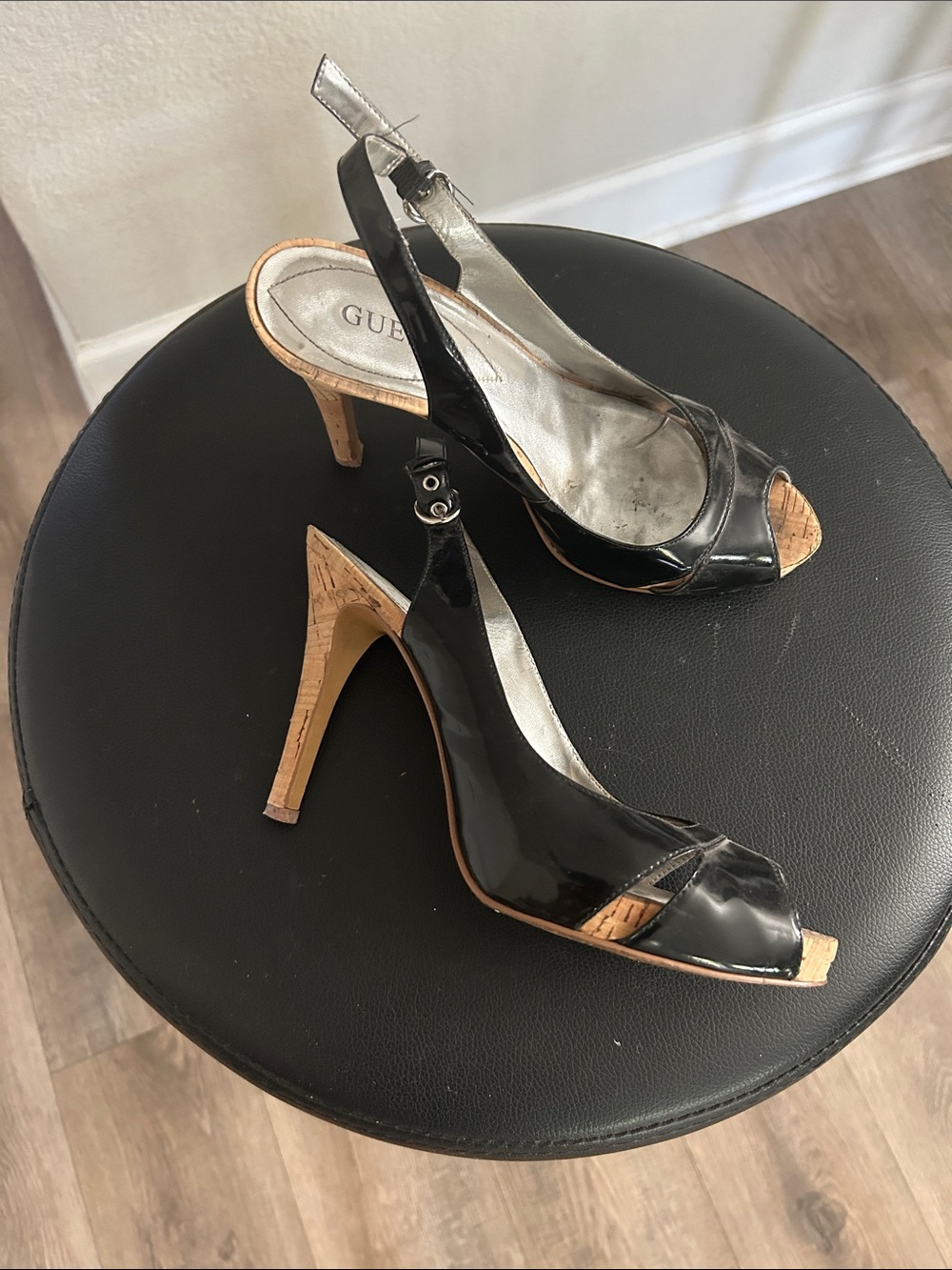 GUESS Black Patent Slingback Heels with Cork Accents